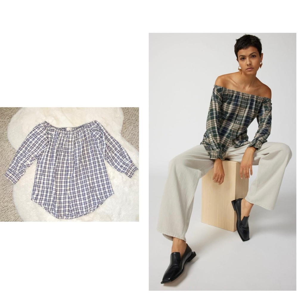 Urban Renewal by Urban Outfitters Off the Shoulder Button Down Plaid Top Shirt
